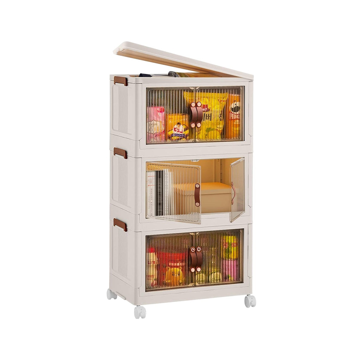 3Pcs Foldable Storage Bins with Lid Front Magnetic Door Collapsible Stackable Closet Organizer Containers with 4Pcs 360¡ Rotatable Wheels 8Pcs Small W