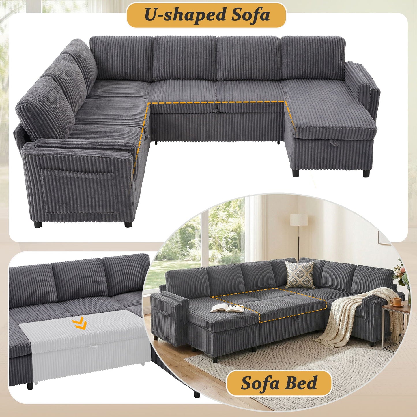 Convertible U-Shaped Sectional Sofa Bed With USB Ports And Storage
