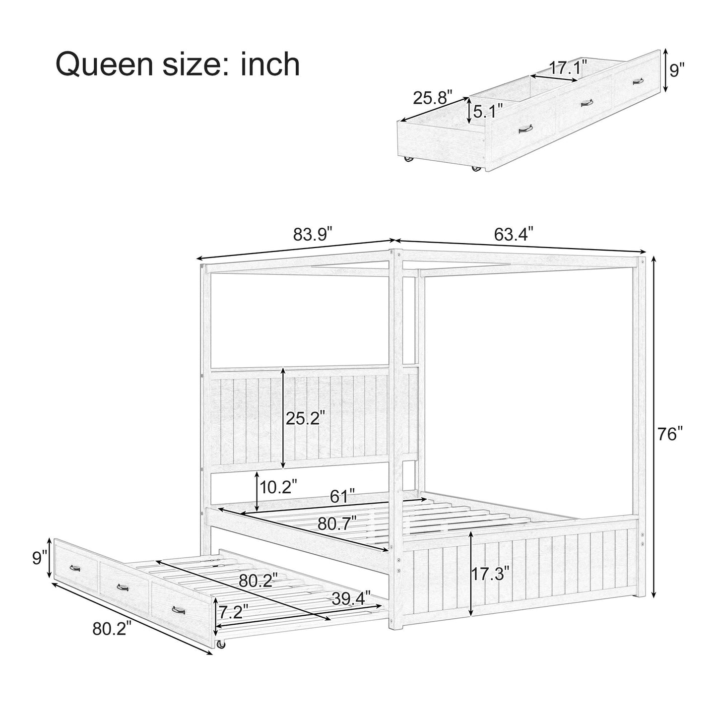 Queen Size Canopy Platform Bed With Trundle And 3 Storage Drawers, 4 Post, No Box Spring Needed - Natural