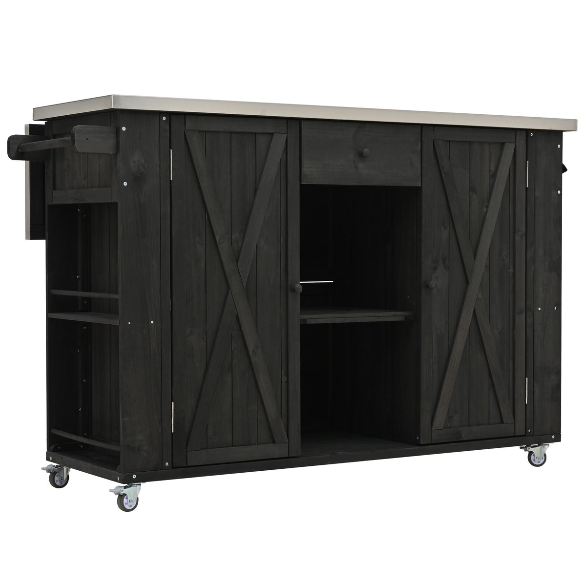 Outdoor Kitchen Island With Stainless Steel Top, Ample Storage Space, Towel And Spice Racks And A Bottle Opener
