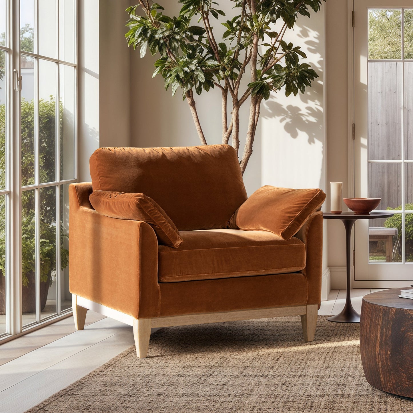 Pasadena 36" Wide Modern Farmhouse Accent Arm Chair, Burnt Orange Velvet
