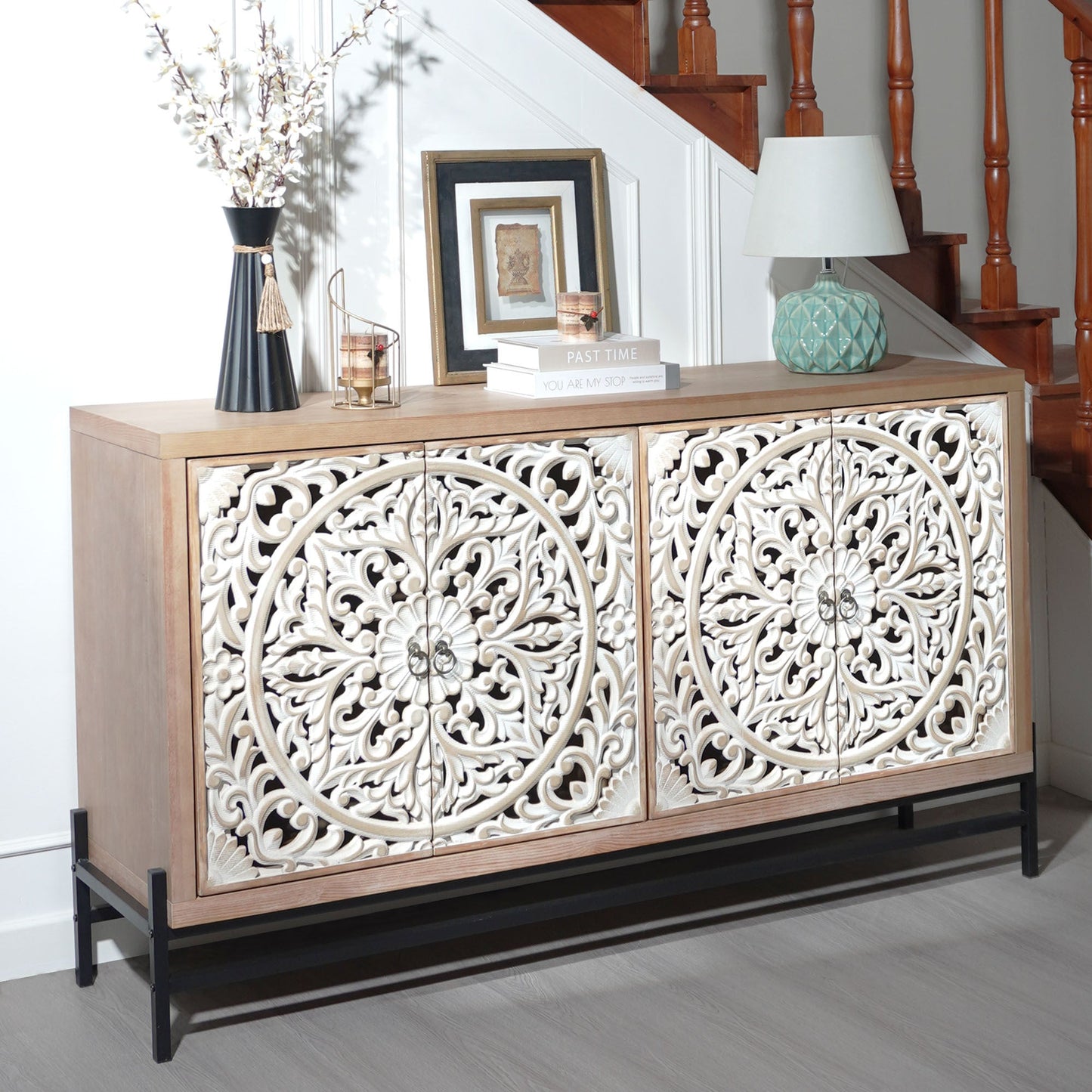 4 Door Wood Cabinet, Vintage Carved Wood with Metal Base