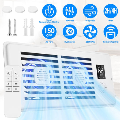 Register Booster Fan Smart AC Vent Booster Fan Fits 4" x 10" Register Holes with 3 Modes 10 Speeds 2H/4H Timer LCD Screen 2 Scent Diffuser Slots Remot