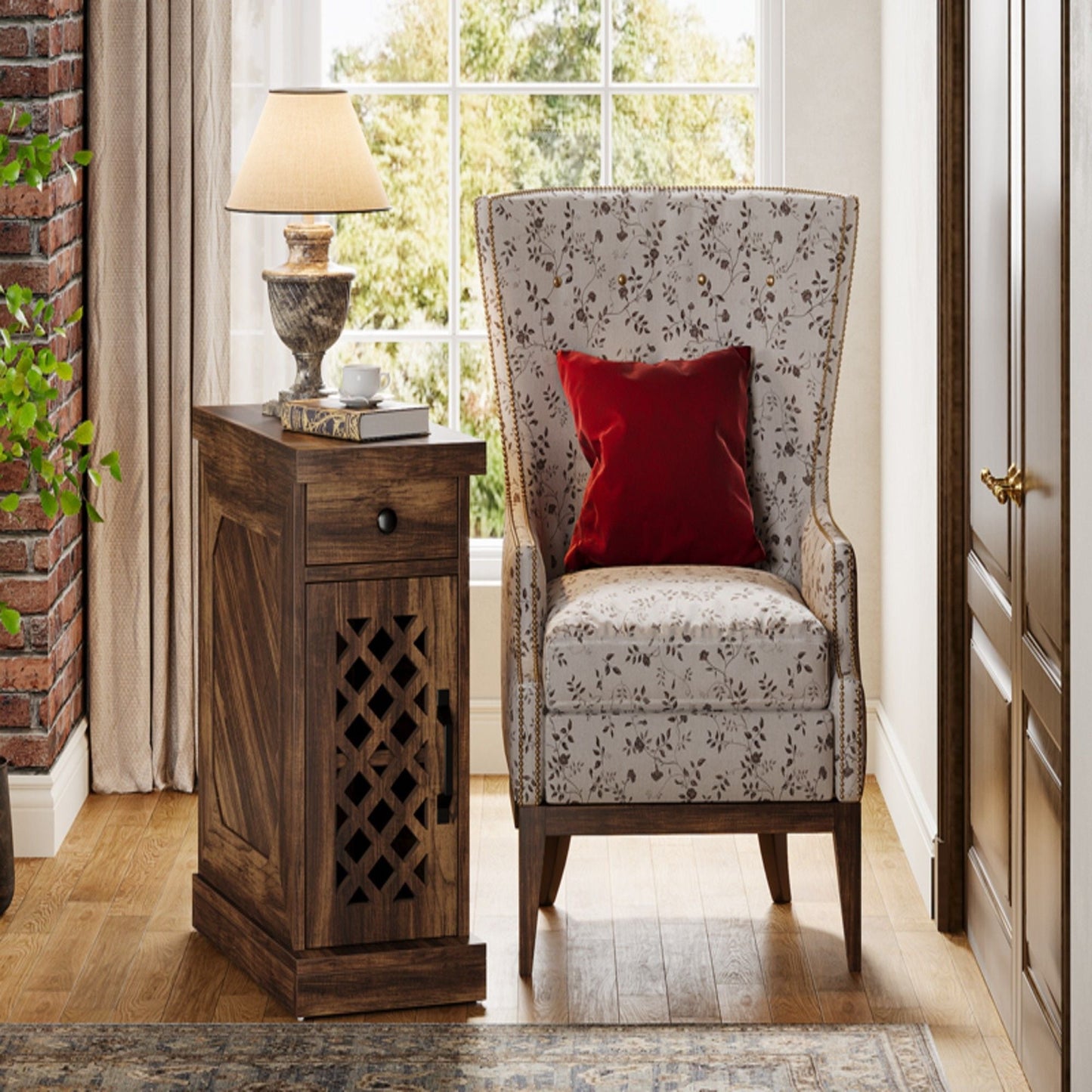 Narrow End Table With Drawer & Cabinet, Nightstand For Small Spaces - Brown