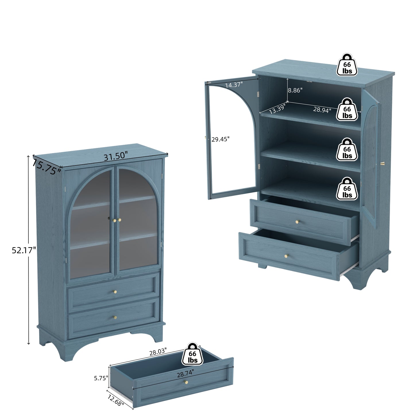 52.17"H Glass Door Display Case Storage Cabinet with 2 Drawers and Adjustable Shelf