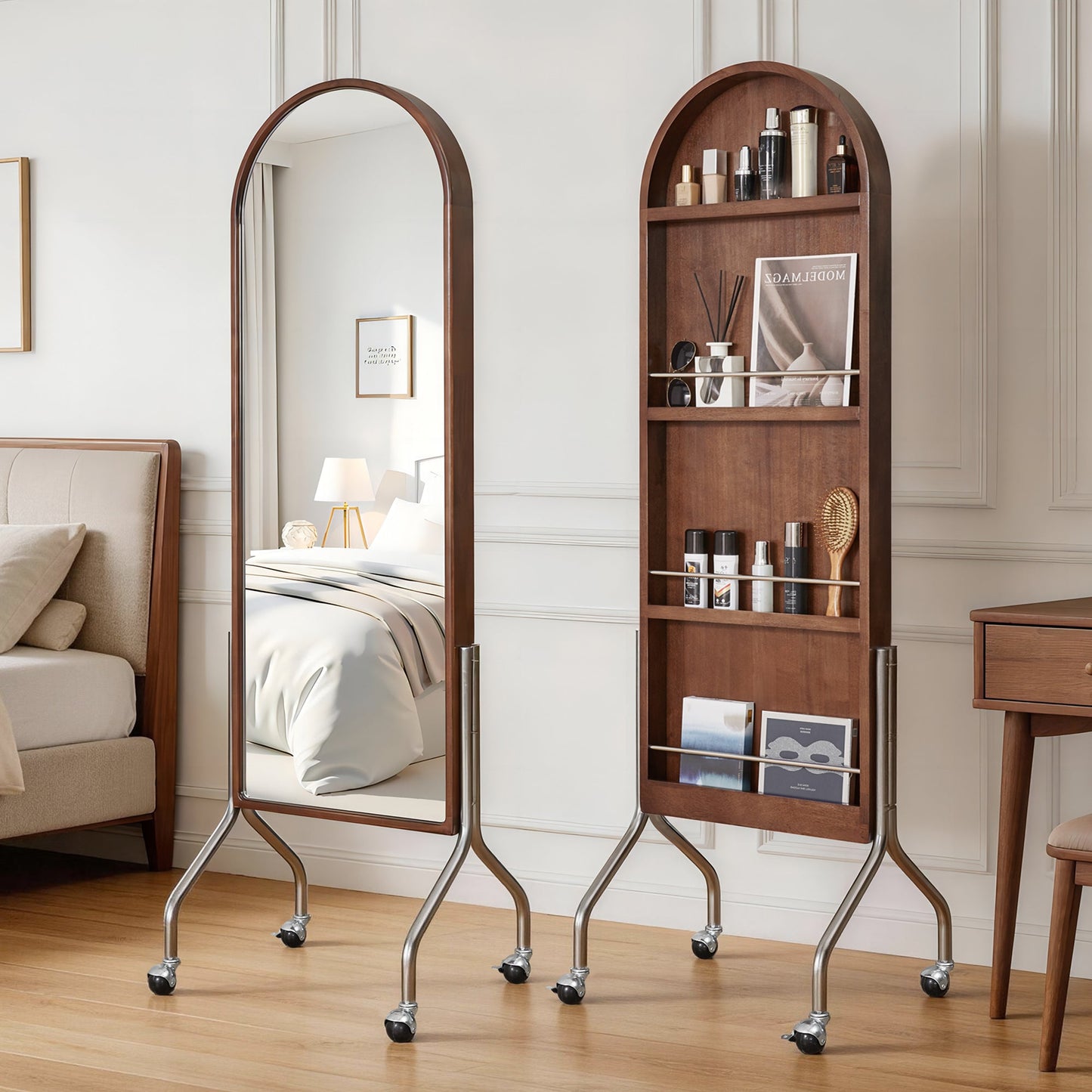 Arched Full Length Mirror with Storage Shelves & Wheels