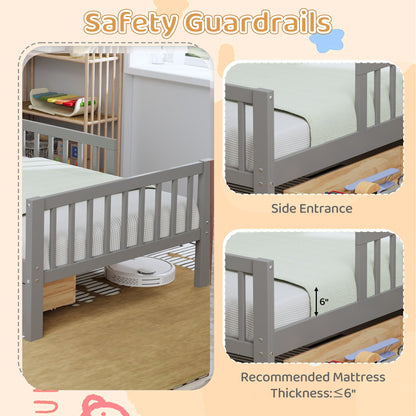 Bed With Headboard Storage Rack, 2 Under Bed Drawers, 3 Side Guardrails For Safety