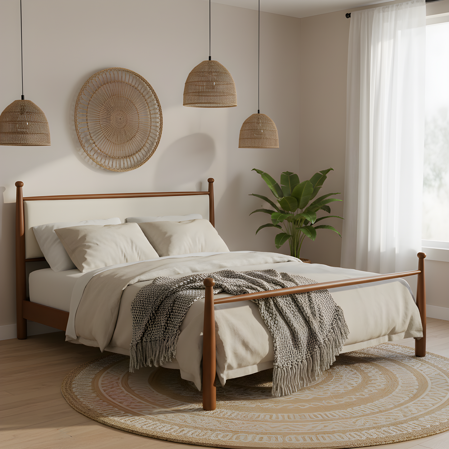 Solid Poplar & Plywood Bed Frame with Upholstered Headboard, King