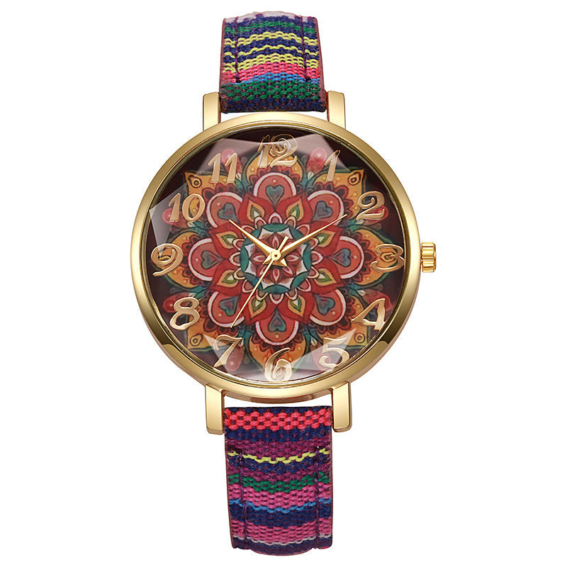 Round Floral Design, Multicolored, Versatile Casual Quartz Watch