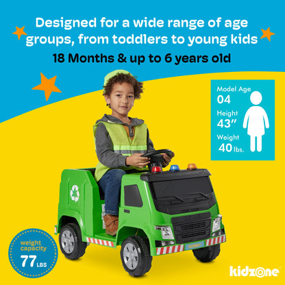 Kidzone 6V Garbage Truck Ride On Toy with LED Lights and Recycling Accessories
