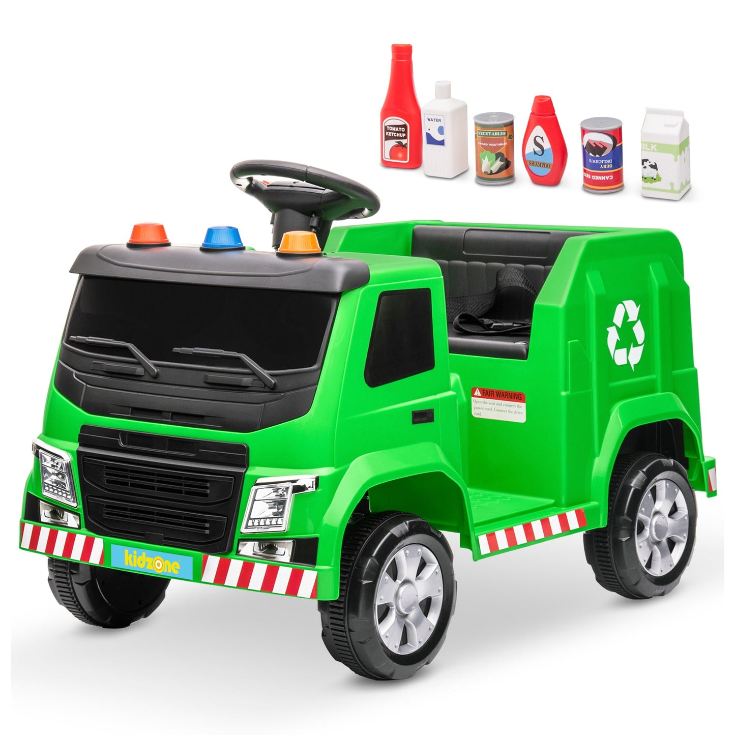 Kidzone 6V Garbage Truck Ride On Toy with LED Lights and Recycling Accessories