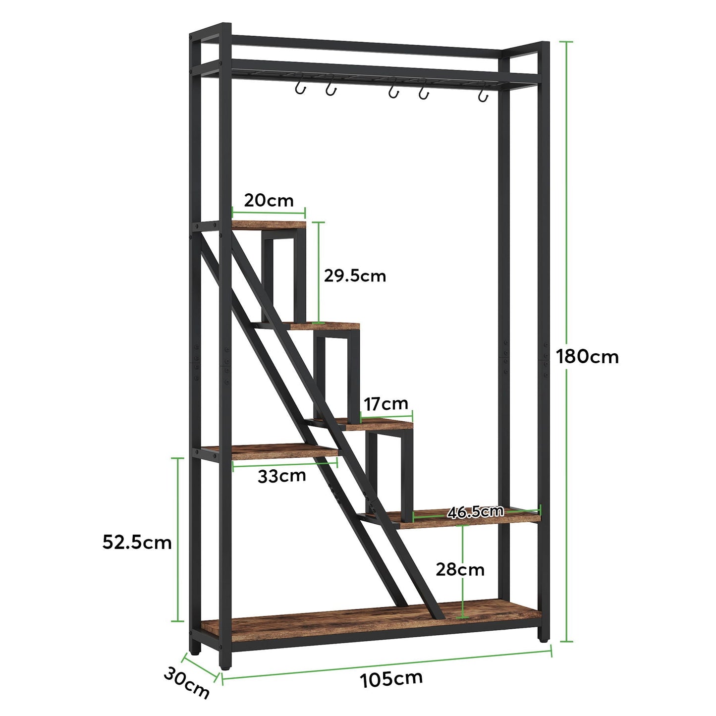 7 Tier Indoor Plant Stand With 5 S-Hooks - Brown / Black