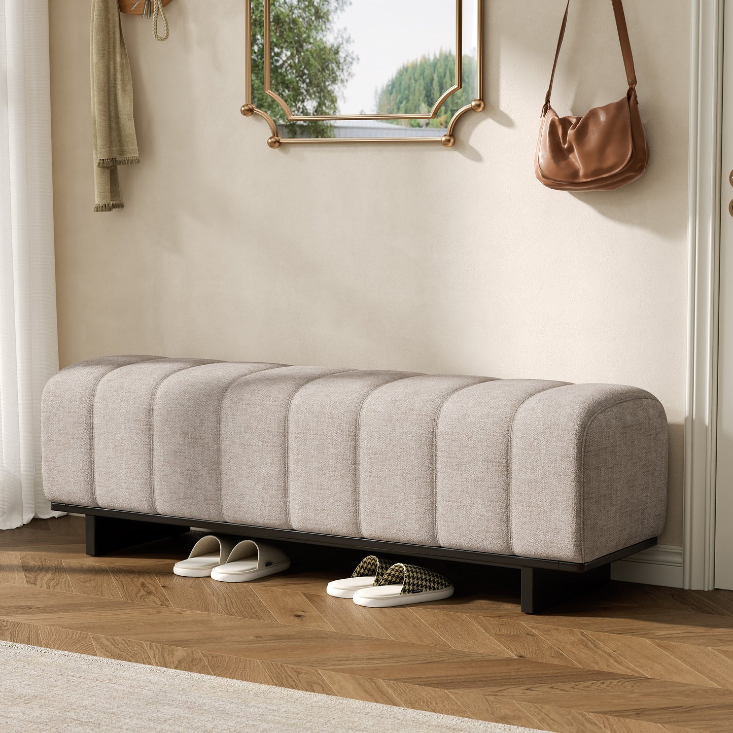 Indoor Dining Bench in Oatmeal Chenille Fabric with Rubber Wood Legs