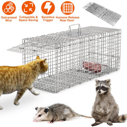 Humane Cat Trap Cage Catch Release Live Animal Rodent Cage Collapsible Galvanized Wire for Raccoons Beavers Groundhogs Foxes Armadillos