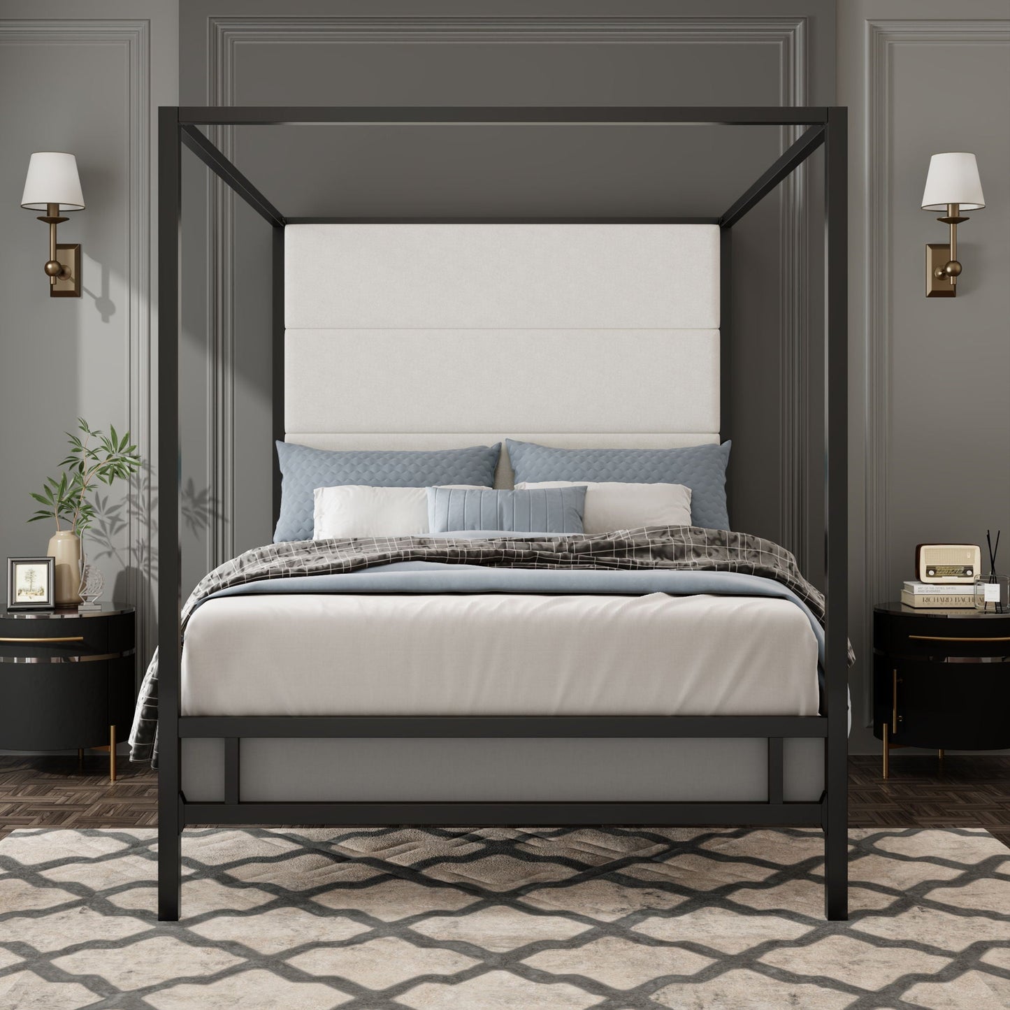 Canopy Bed With Tall Upholstered Headboard, 4 Poster Frame