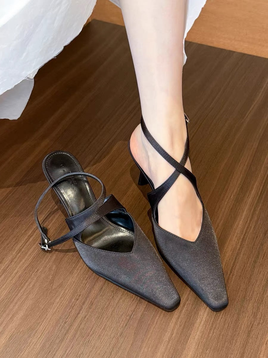 Women French Pointed Toe High Heels, Cross Strap Stiletto Closed Toe Sandals, Luxury Satin Fashion Pumps