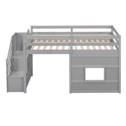 Loft Bed With Storage Staircase, Window & LED Light