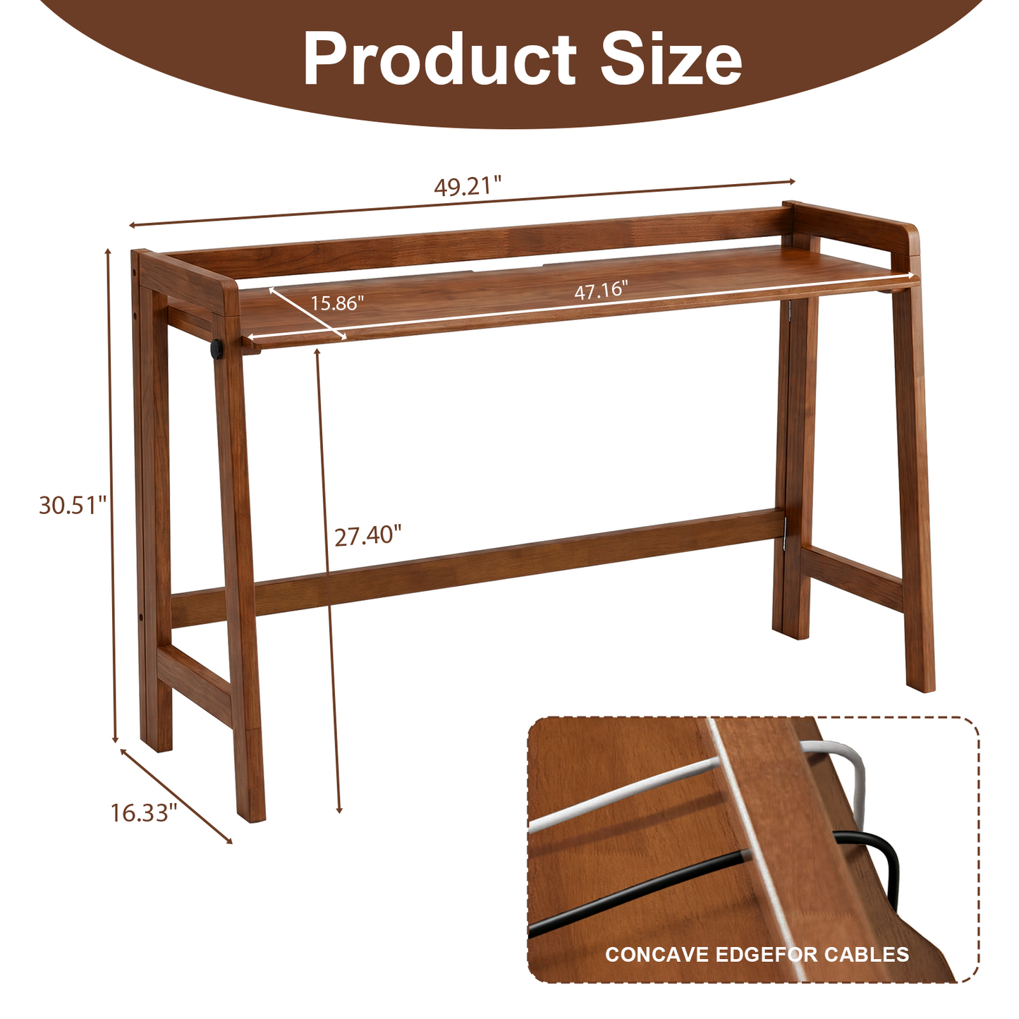 Solid Wood Folding Desk, 49" Mid Century Modern Computer Desk