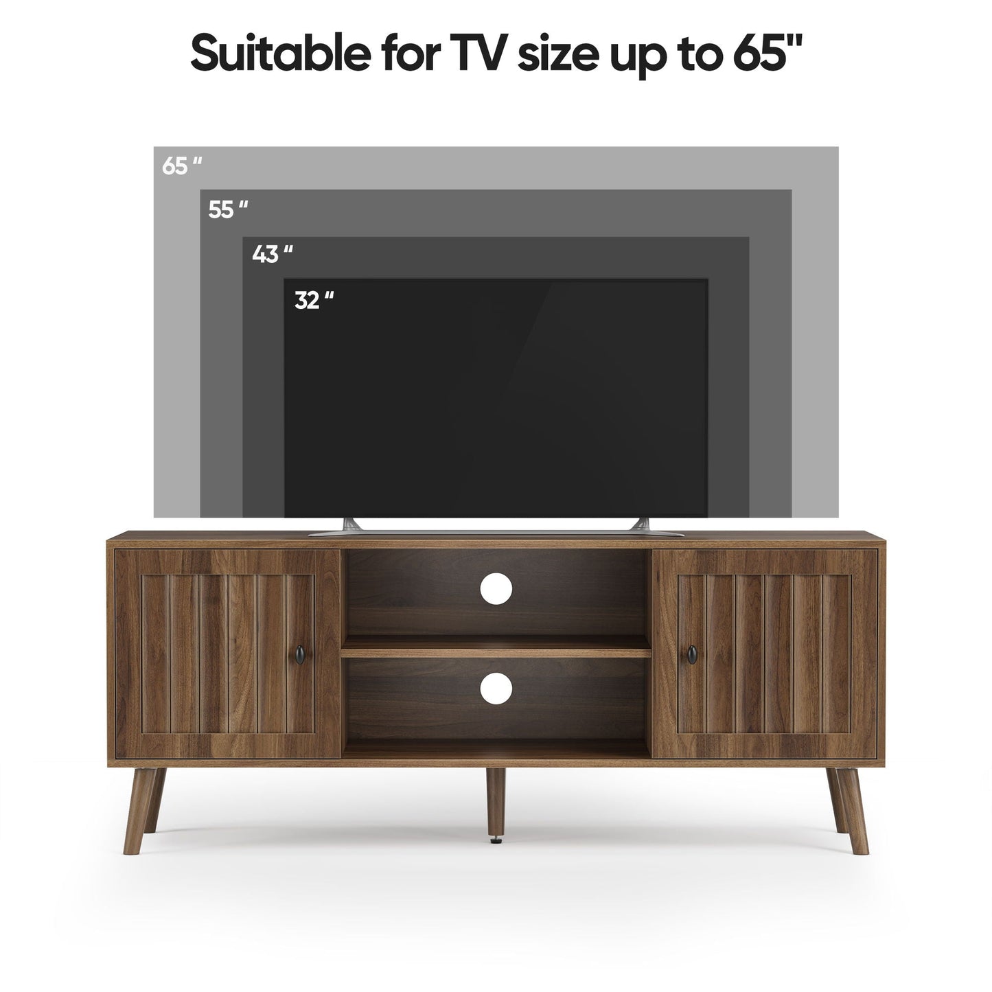 55" TV Cabinet With Vertical Groove Doors, Adjustable Shelves - Walnut