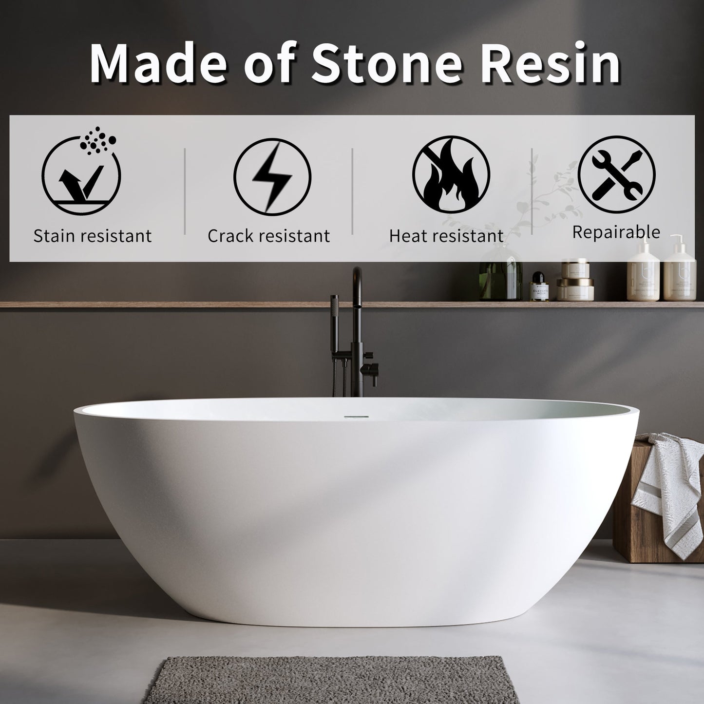 66.9″ Solid Surface Matte Tub - Freestanding Soaking Bathtub