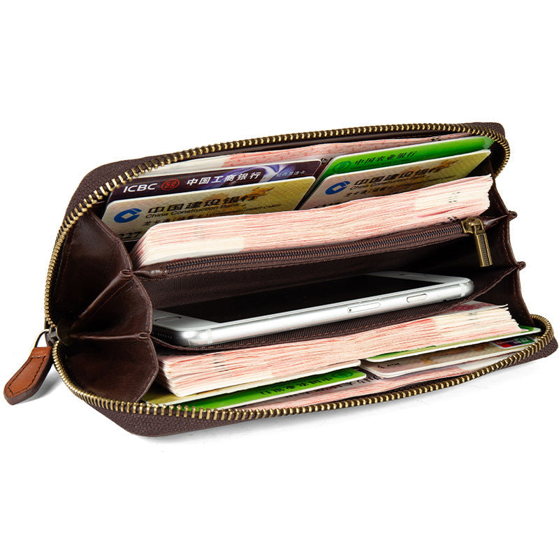 Long Vintage Handcrafted Distressed Zipper Purse Top-Grain Leather Wallet