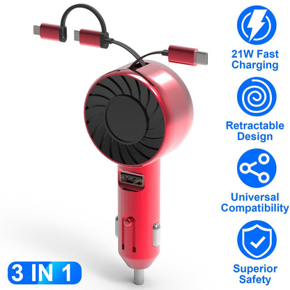 21W 3 In 1 Retractable Car Charger Fast Car Charger Mini Car Phone Charger with USB Port Type-C Cable LT & Micro Cable Fit For IOS Phone 15/14/13 And
