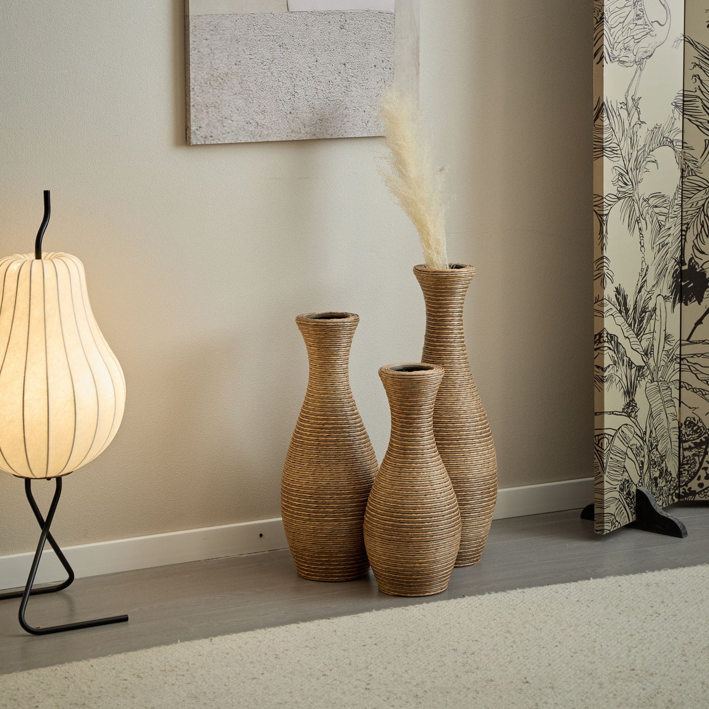 3 Piece Artificial Rattan Floor Vase Set Decorative Accent For Living Room, Hallway & Entryway, Ideal For Dried Or Silk Flower Arrangements - Beige