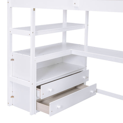 Loft Bed With Desk, Shelves, 2 Drawers, Storage Staircase