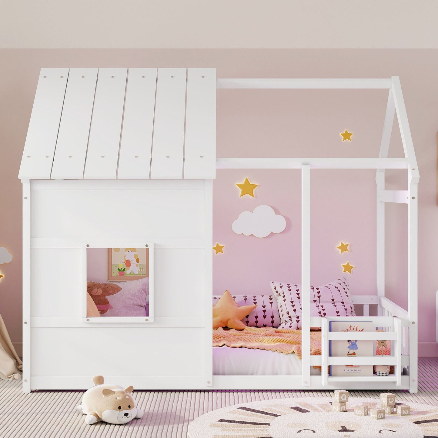 House Floor Bed With 7 Color LED Light, Built In Bookshelf