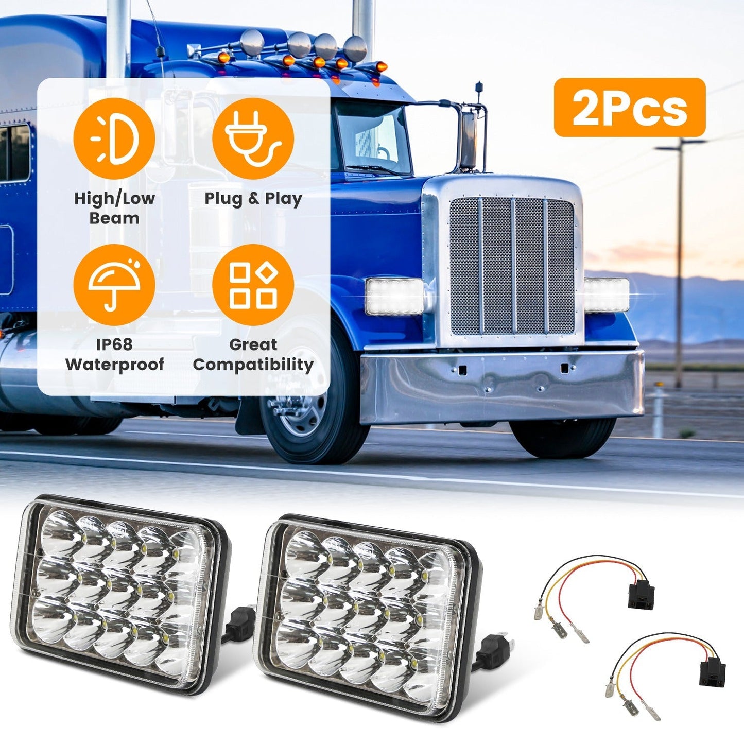 4x6in Car LED Headlights Vehicle Rectangular Headlamp with H4 Socket H4-to-3Pins Adapter with High Low Beam White Light IP68 Waterproof for 10-80V SUV