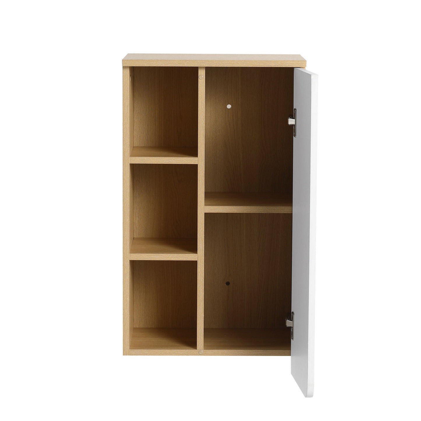 Wall Mounted Bathroom Side Cabinet, Single Door With 3 Tier Open Shelves - Black / Light Oak / White
