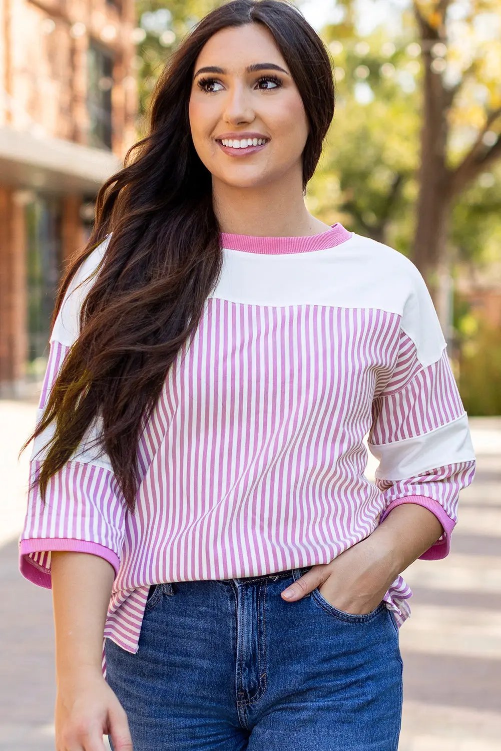 Women's Tee Shirt Women's Tee - Striped Patchwork - Casual Spring