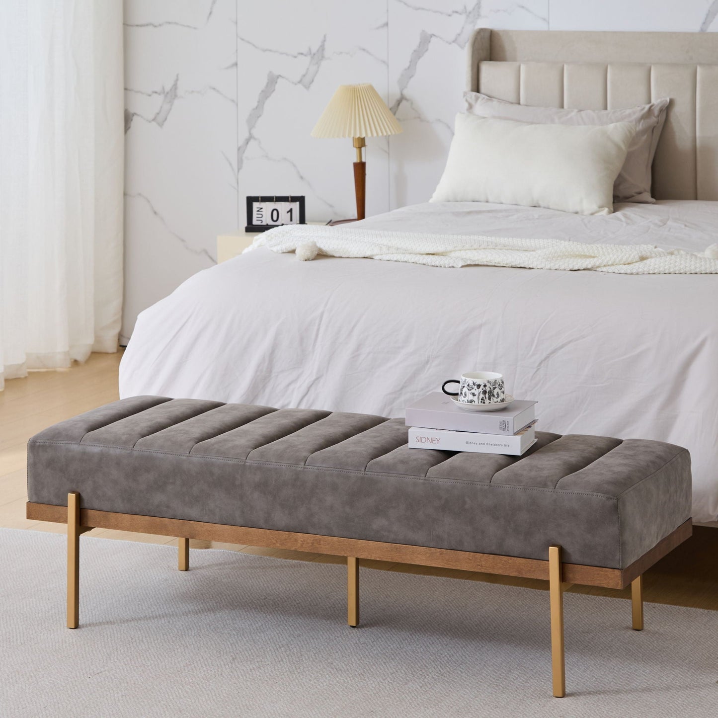 Thorian Luxury Upholstered Ottoman Bench with Channel Tufting and Metal Base
