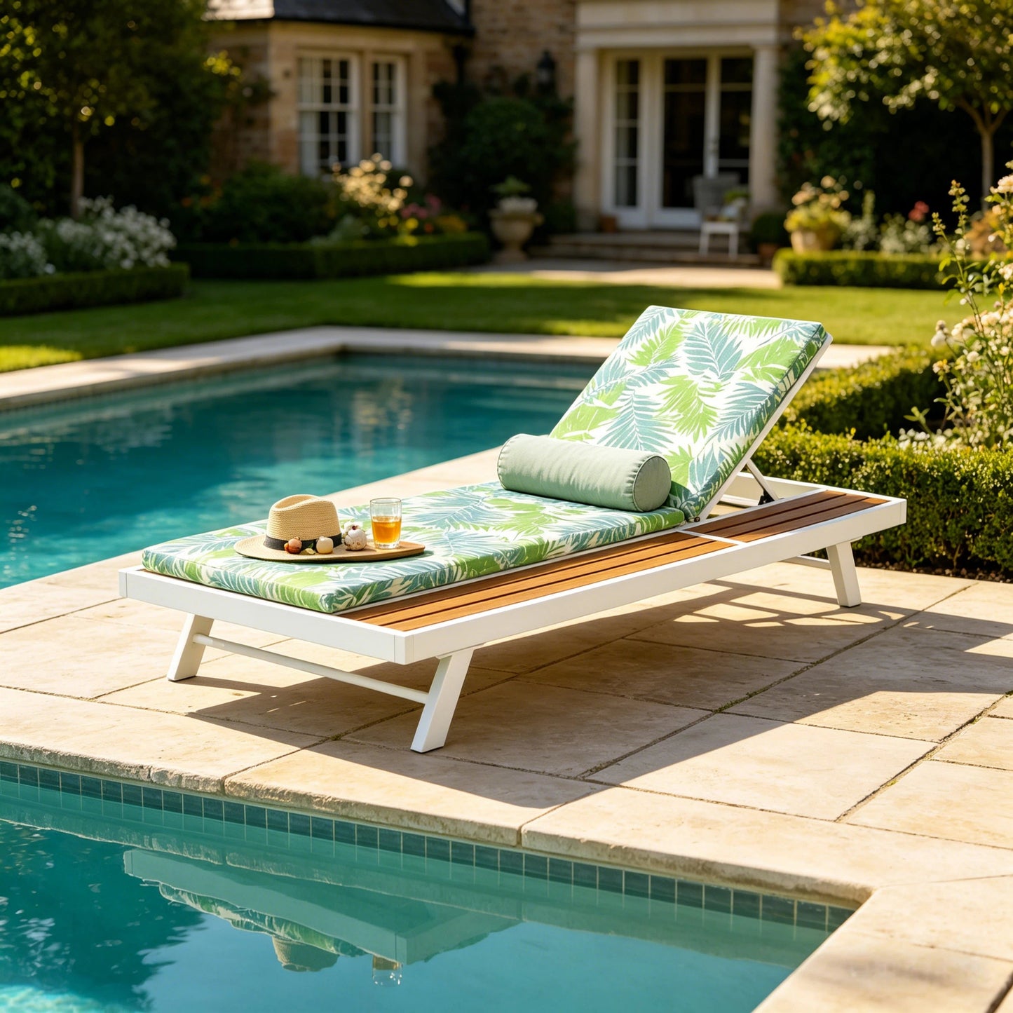White Iron and Teak Finish Outdoor Chaise Lounge Set