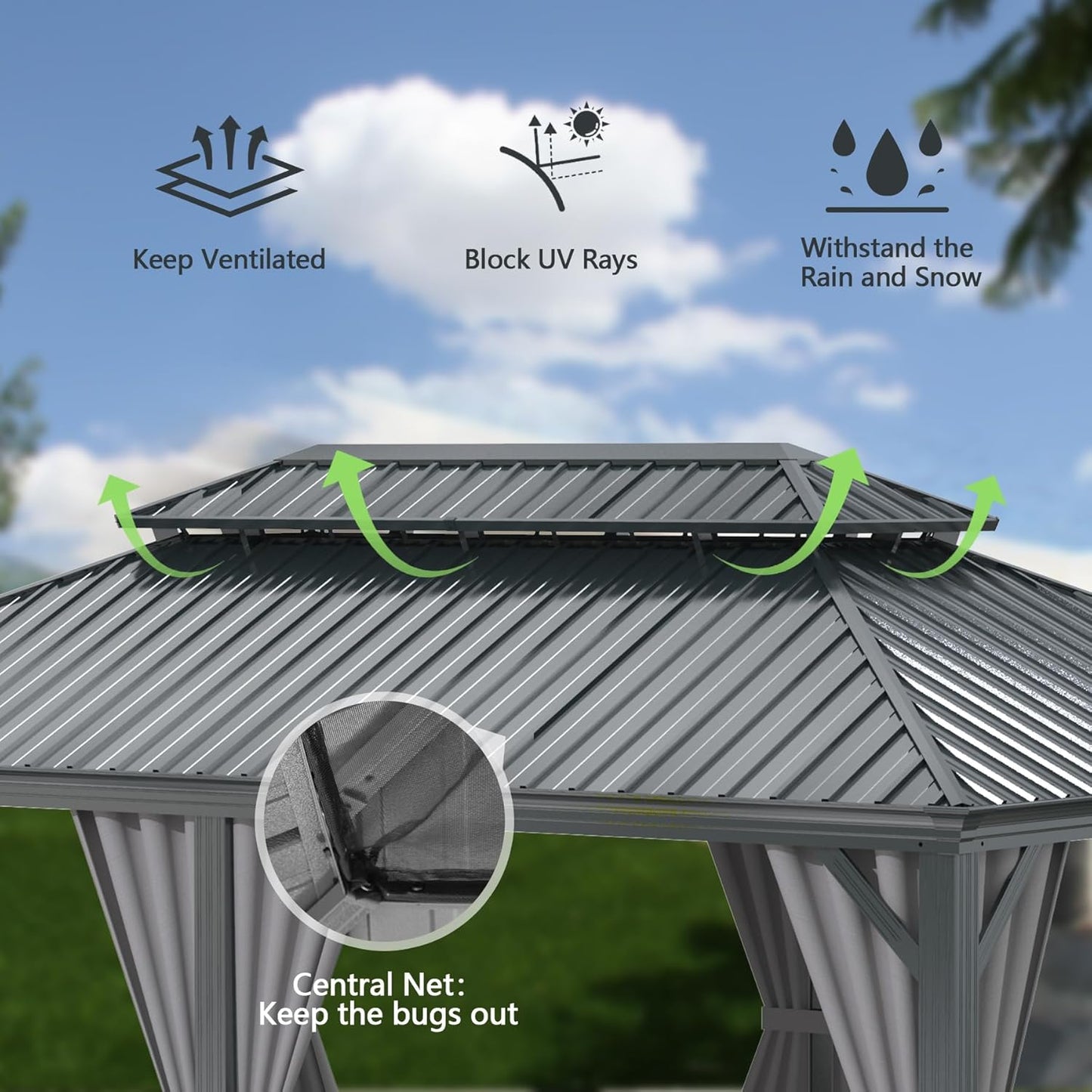 13x15FT Outdoor Hardtop Gazebo with Galvanized Steel Double Roof