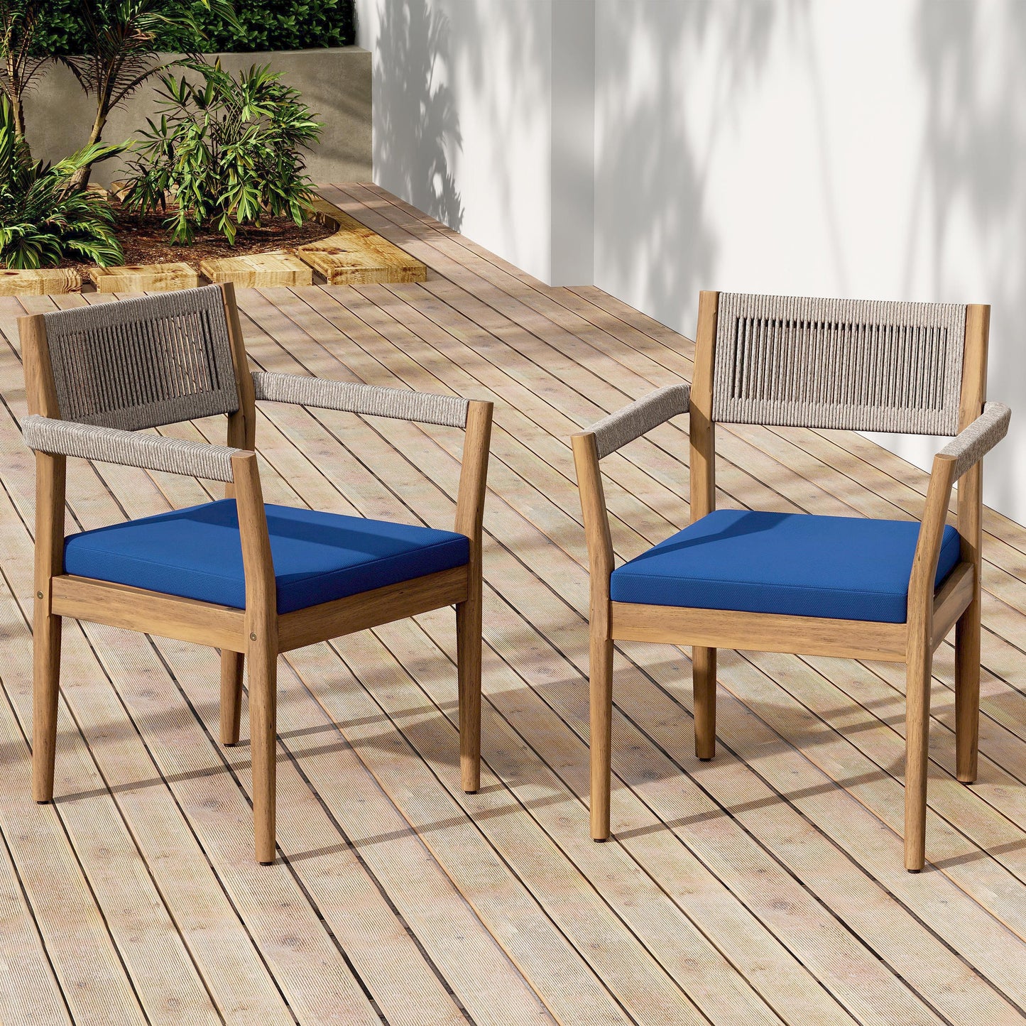 Braided Acacia Wood Outdoor Dining Chairs Set of 4
