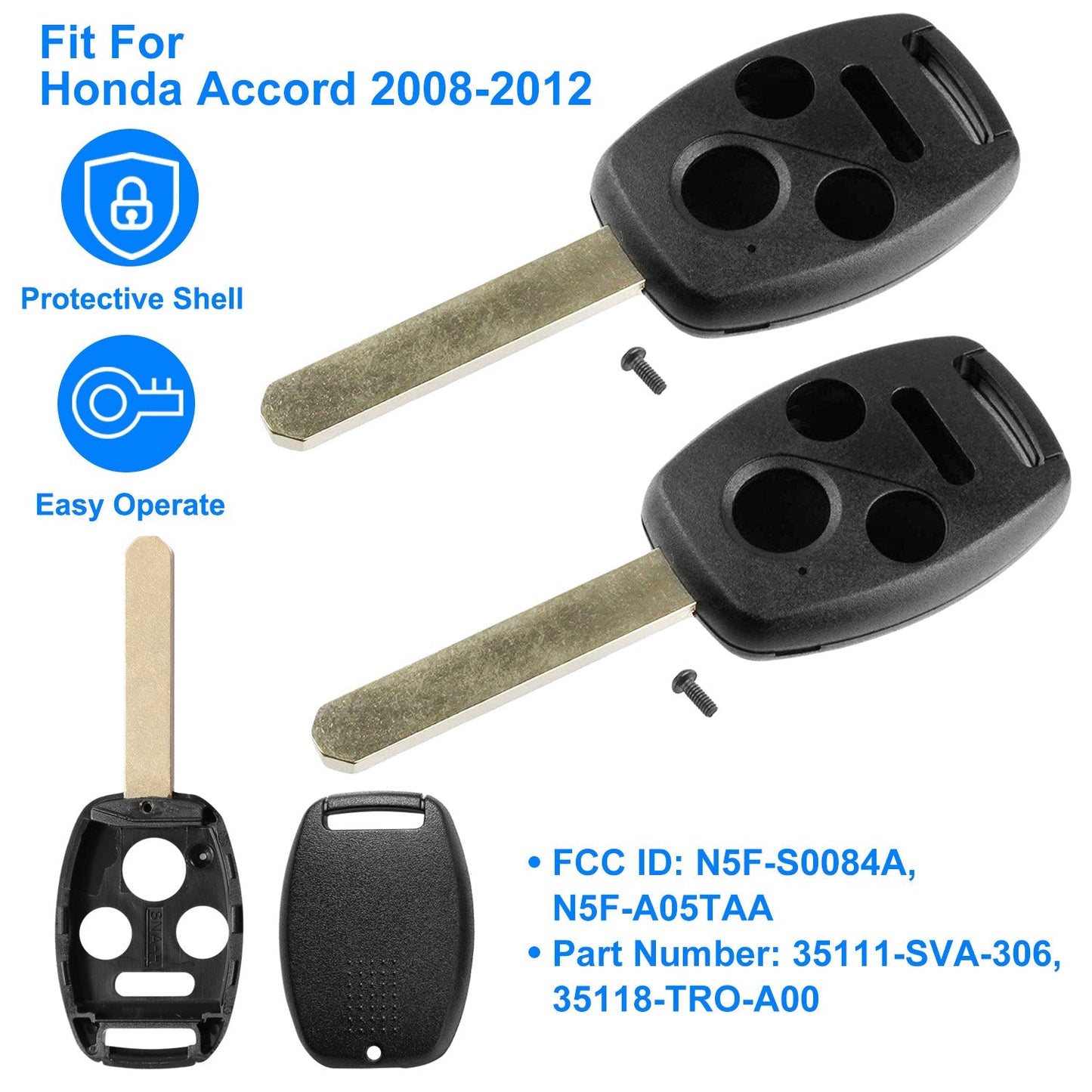 2Pcs Keyless Entry Remote Shell Case Fit For Honda Accord 2008-2012 Car Key Fob Pad _x000B__x000B_Replacement N5F-S0084A N5F-A05TAA w/ Uncut Blade