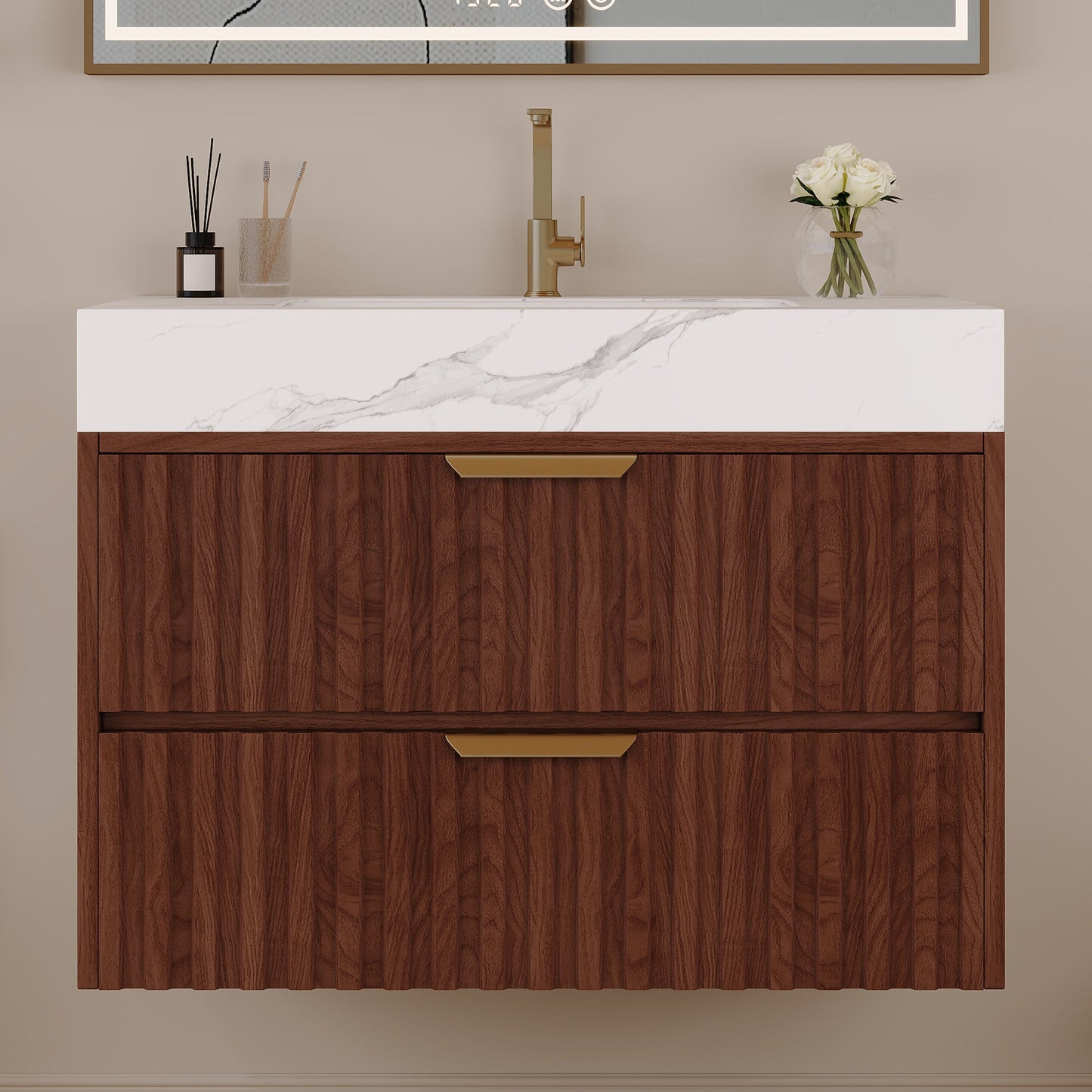 30" Modern Floating Bathroom Vanity with Seamless Sintered Stone Top