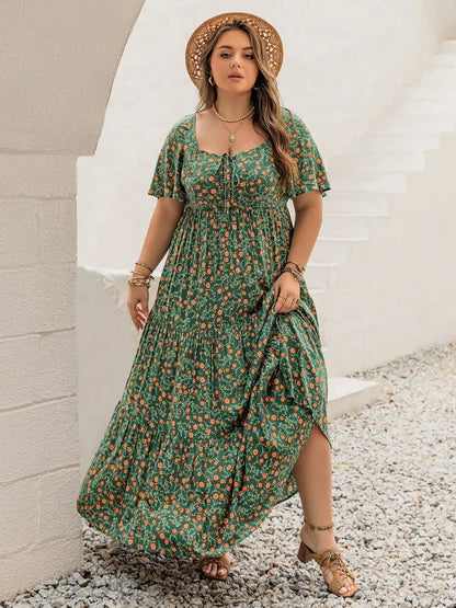 Printed Short Sleeve Tiered Maxi Dress