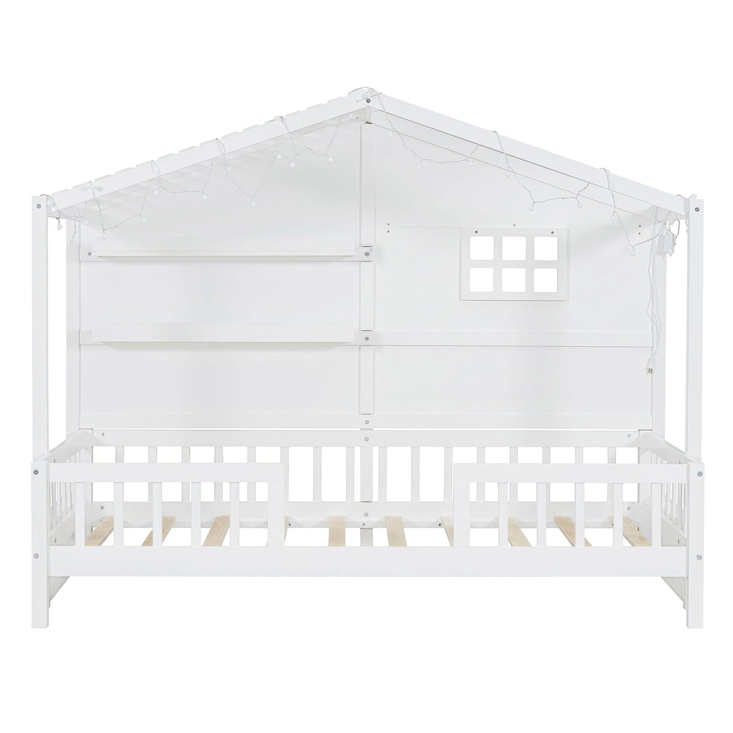 House Bed With Shelves, Window And Sparkling Light Strip On The Roof