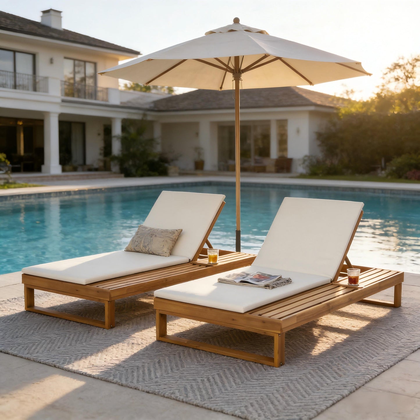 Teak Finish Acacia Wood Chaise Lounge with 1.57-Inch Cushion