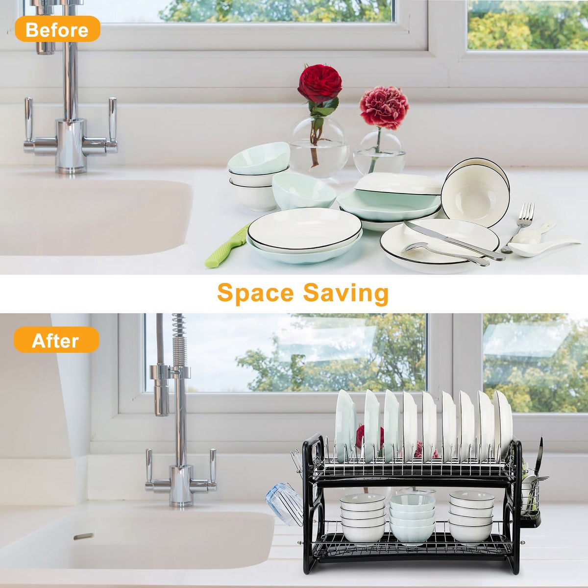 2 Tier Iron Dish Drying Rack Drainboard Set with Large Storage Anti-Rust Dish Drainer Shelf Tableware Holder Cup Holder For Kitchen Counter Storage