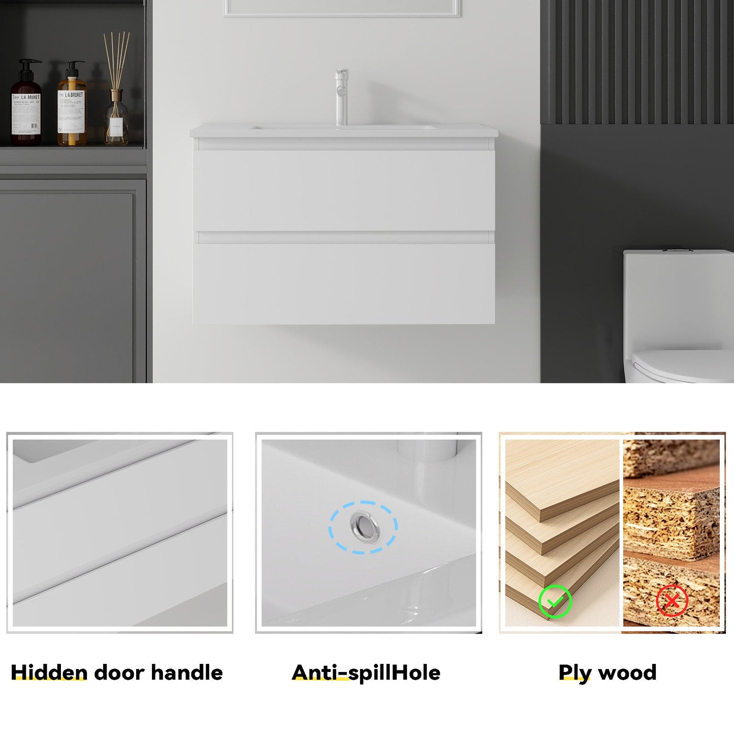 30 Inch Floating Bathroom Vanity with Sink, Soft-Close Drawer, Ceramic Sink, Plywood