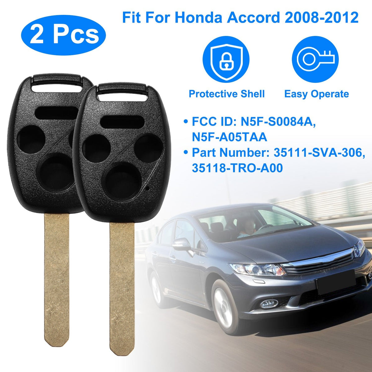 2Pcs Keyless Entry Remote Shell Case Fit For Honda Accord 2008-2012 Car Key Fob Pad _x000B__x000B_Replacement N5F-S0084A N5F-A05TAA w/ Uncut Blade