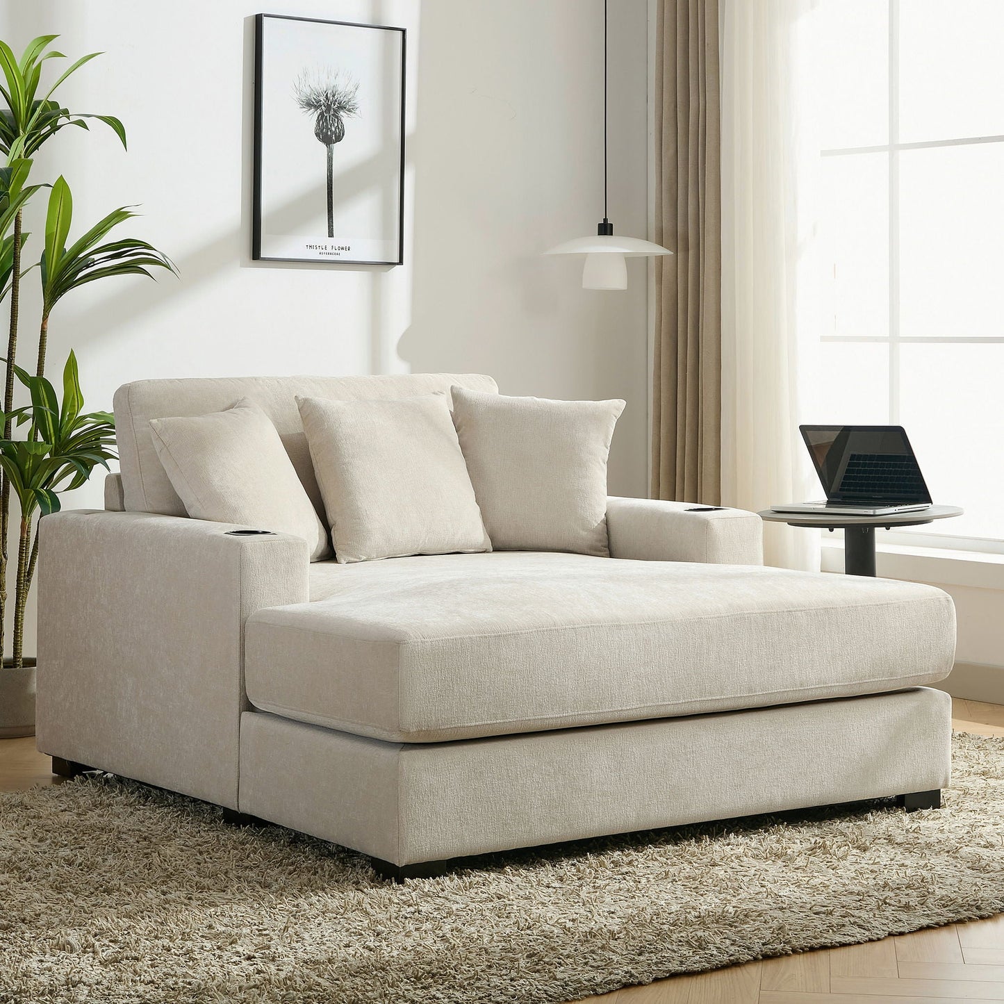 Oversized Chaise Lounger Modern Style Sofa Couch With Pillows, Charge Station & Cup Holders