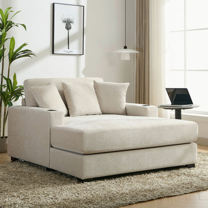 Oversized Chaise Lounger Modern Style Sofa Couch With Pillows, Charge Station & Cup Holders
