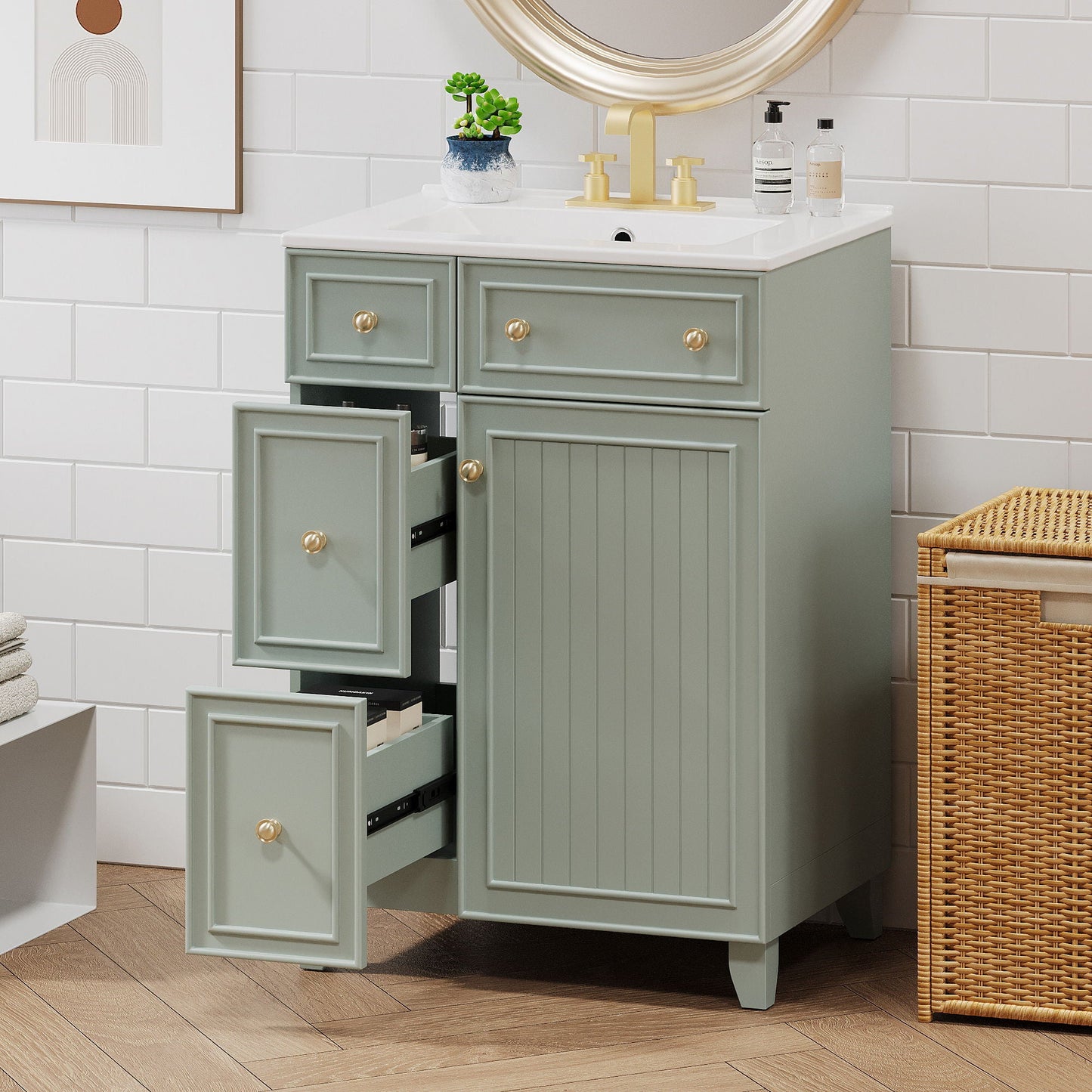 Transitional Style Bathroom Vanity Cabinet With Ceramic Sink