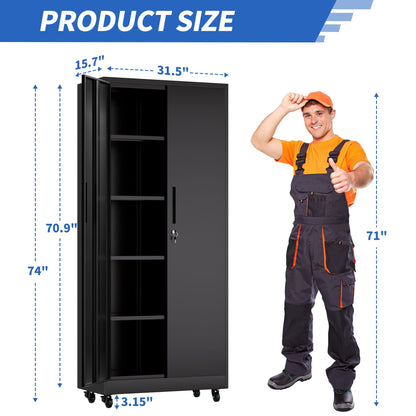 Storage Cabinet With Wheels And Lock, 4 Adjustable Shelves, 3 Point Locking Security, For Tool Organization In Garage - Black
