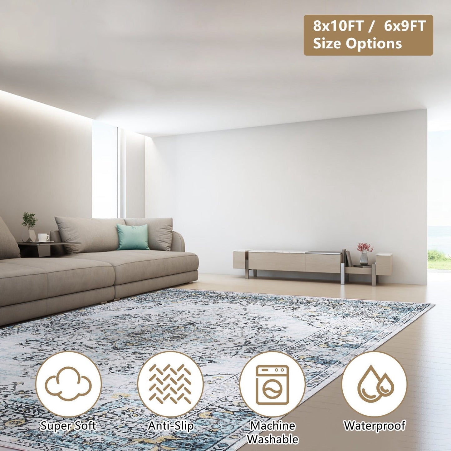 8x10FT VintageÊArea Rug Modern Non Slip Carpet Boho Low Pile Soft Rug Waterproof Machine Washable Rug for Living Room BedroomÊKitchen Dining Room Unde