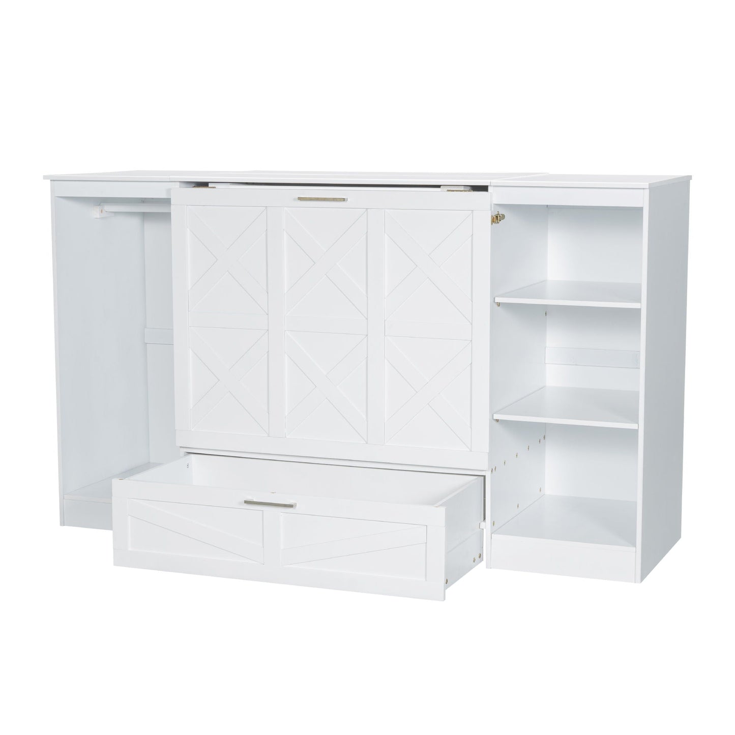 Twin Size Murphy Bed With Bedside Shelves And Wardrobe - White
